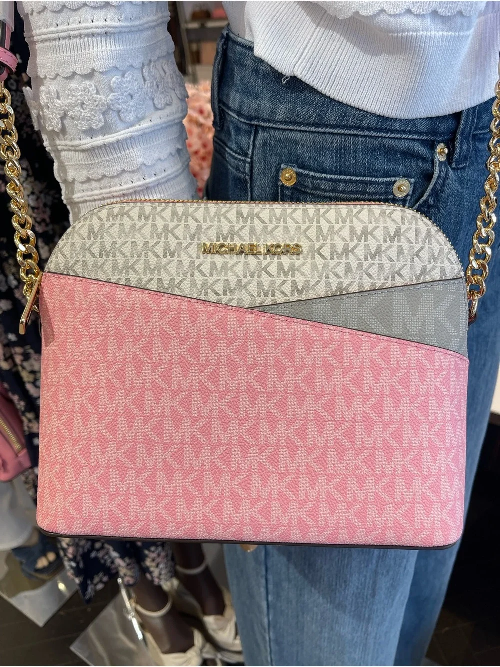 MICHAEL KORS JST Md Dome Color-Block Signature Logo Crossbody Bag Carnation NWT